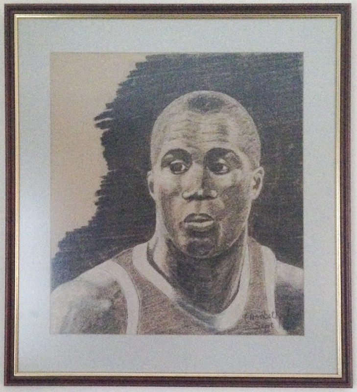 "Magic" Johnson. Charcoal and pastel on brown paper. 1992